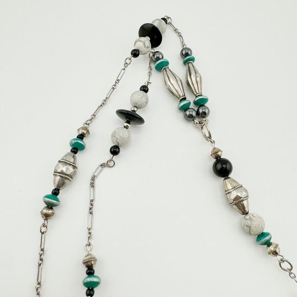 Turquoise Howlite Obsidian Silver Vintage Necklace Retro 80s Handmade Artisan - Picture 8 of 11